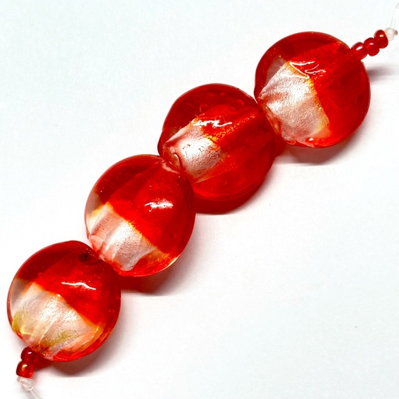 As Low As $2 Light Siam Red Silver Lined Handmade Lampwork Lentil Beads (4) - Picture 1 of 2